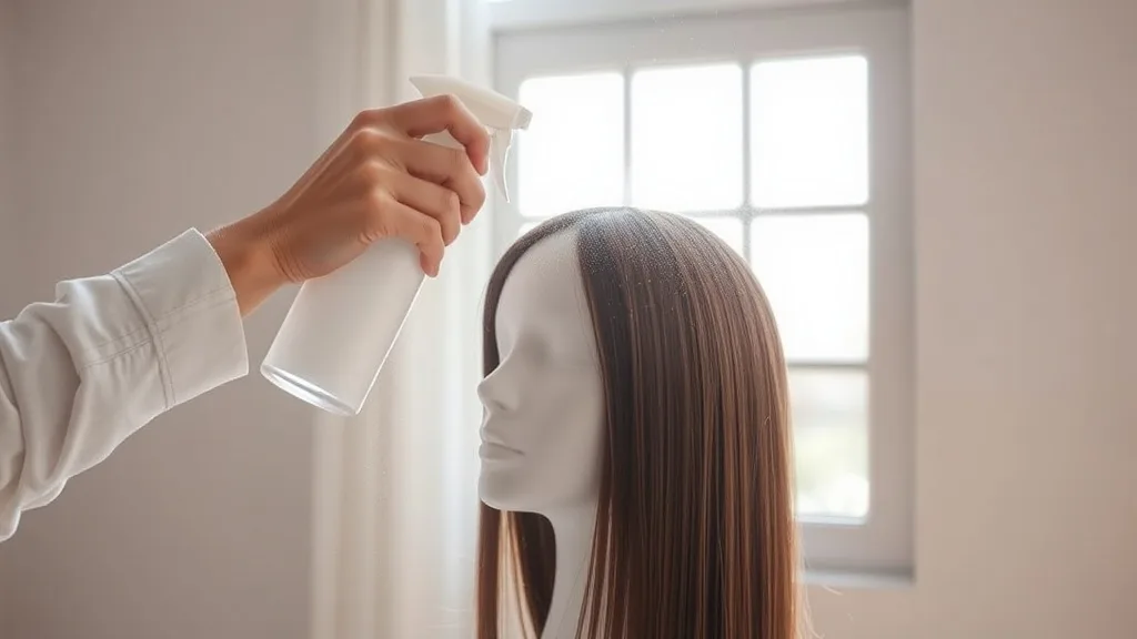 A hand spraying a UV protectant mist onto a dark brown wig on a stand, sunny window backdrop