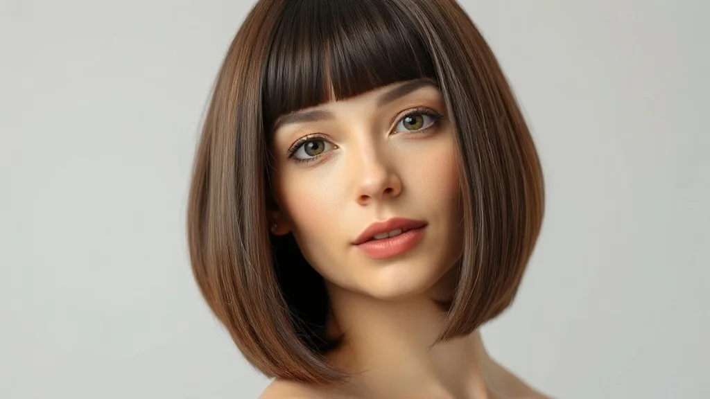 Woman with round face wearing an A-line bob wig, angled cut slim face