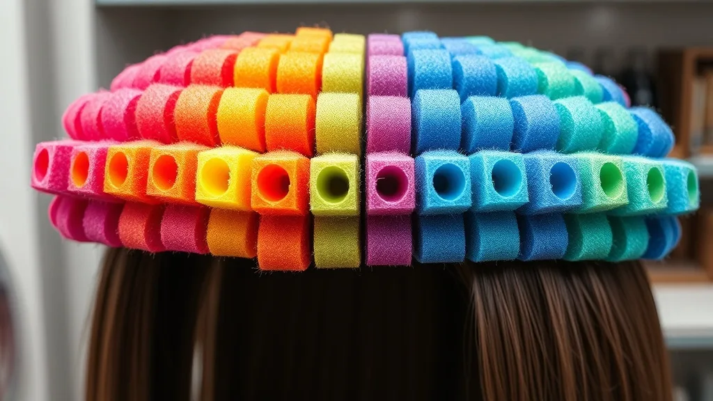 Close-up of colorful foam rollers set on a synthetic wig on a stand, neat rows