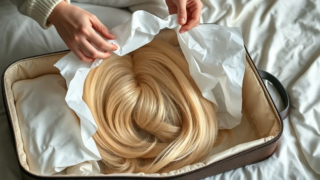 Close-up of hands placing tissue paper around a wig inside a travel case