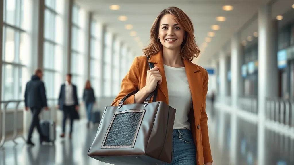 A woman at an airport carrying a stylish carry-on bag with a wig box visible inside