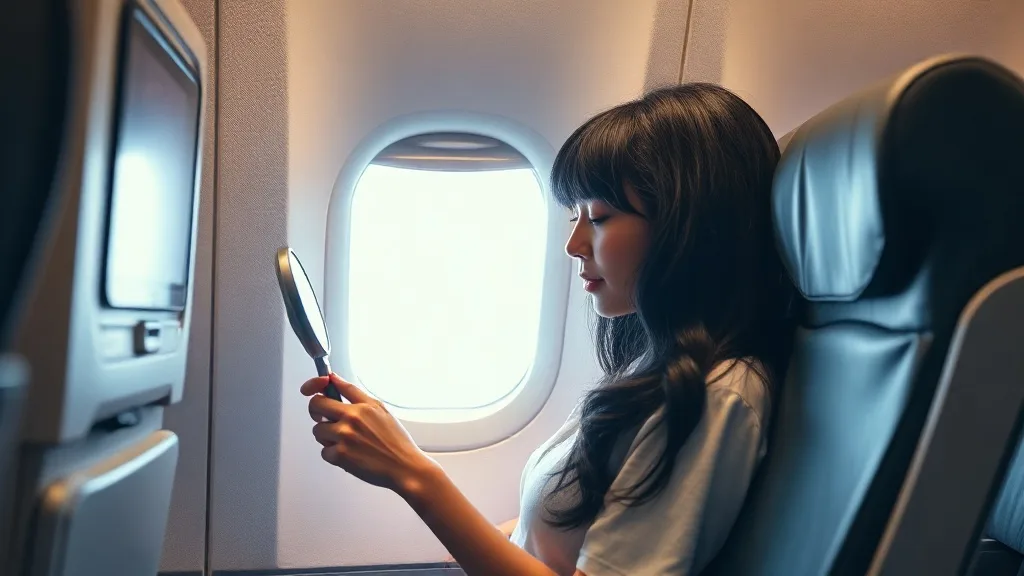 A woman in an airplane seat adjusting her wig using a small mirror and brush
