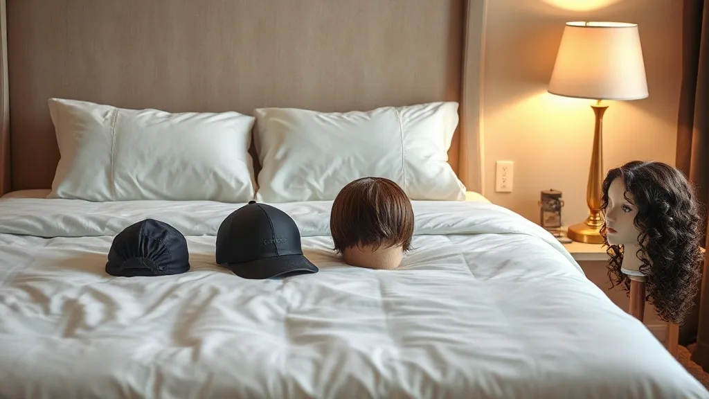 Selection of different wig caps including silk and lace on a hotel bed with a wig stand