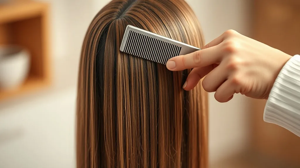 Close-up of hands gently detangling a wig with a wide-tooth comb starting from the ends