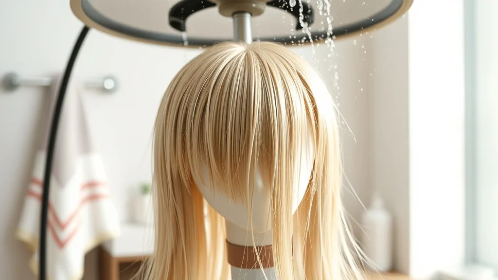 A wig placed on a ventilated wig stand after washing, air drying in a well-lit room