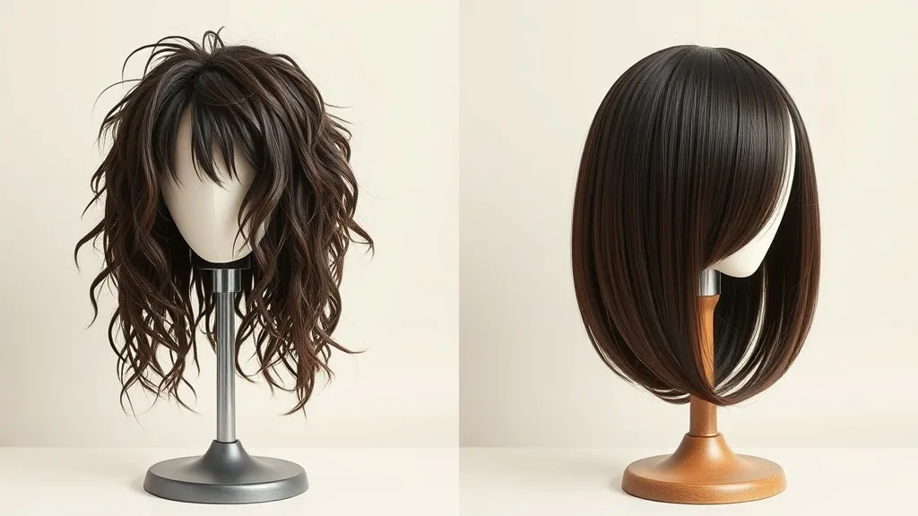Side-by-side comparison of a tangled, matted wig and a smooth, well-maintained wig on stands