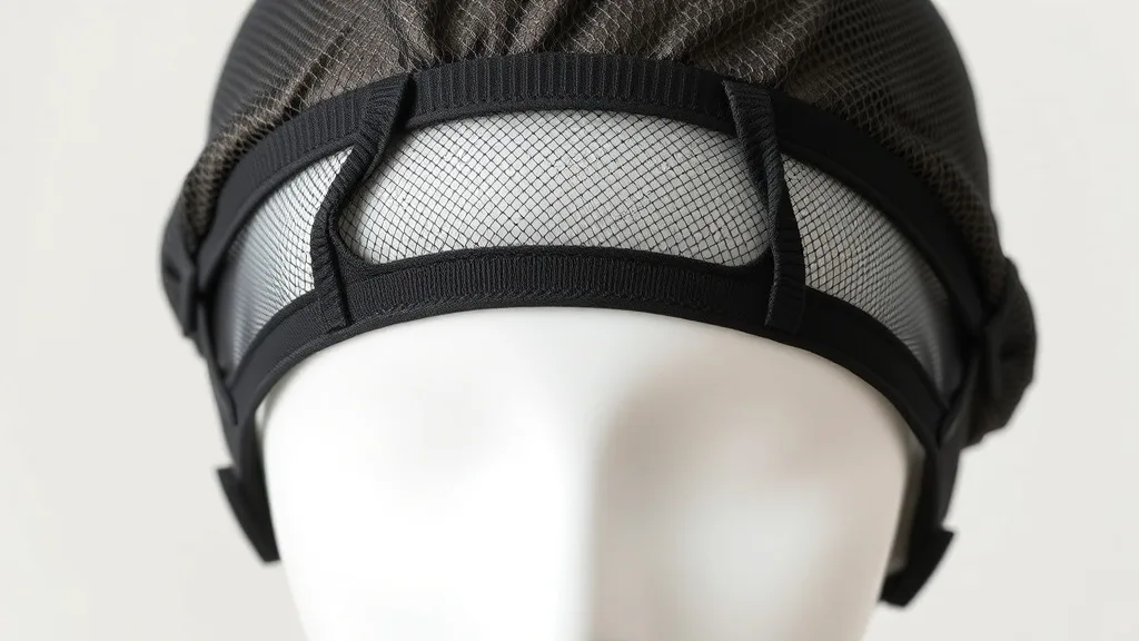 A breathable wig cap made of cotton or bamboo on a mannequin head, showing adjustable straps