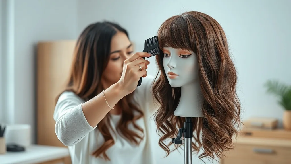 A woman brushing a synthetic wig on a stand with a wide-tooth comb, clean and tangle-free