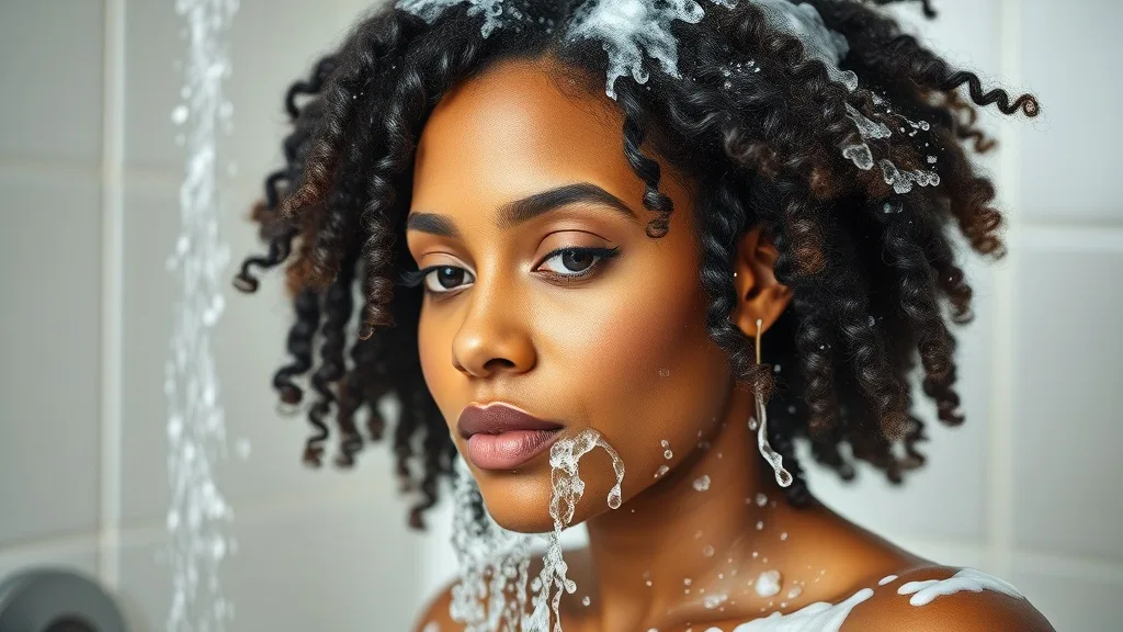 A woman washing her natural hair under a gentle stream of water, with shampoo lather