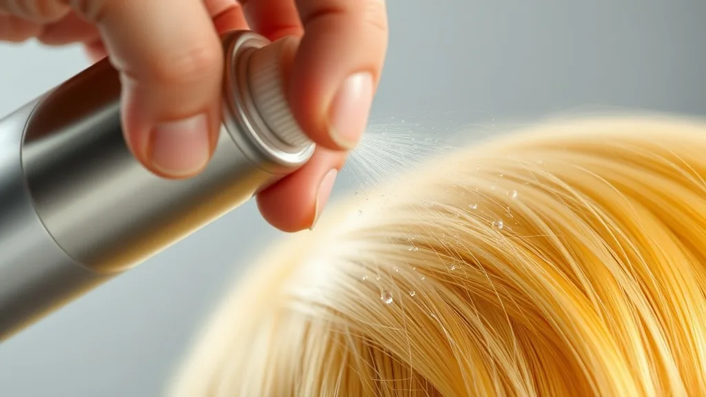 Close-up of a spray bottle being applied to a wig's hair, with mist settling on the fibers, demonstrating a touch-up technique.