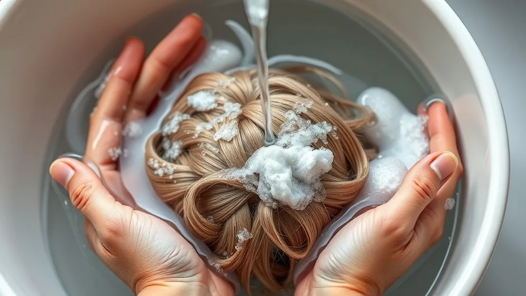 Close-up of hands gently swishing a wig in a bowl of cool water with a small amount of shampoo, showing care and attention.