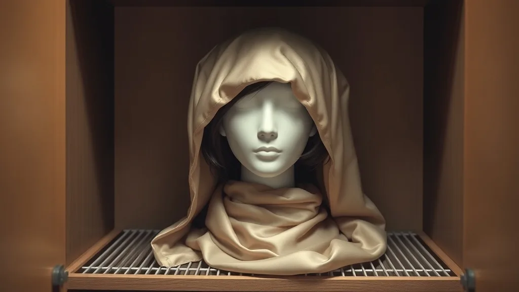 A wig placed in a soft fabric bag on a shelf in a dark closet, with a satin scarf covering the mannequin head.