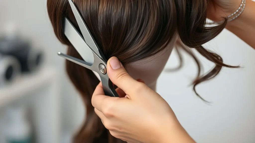 Stylist using thinning shears to reduce bulk on a high-density wig.