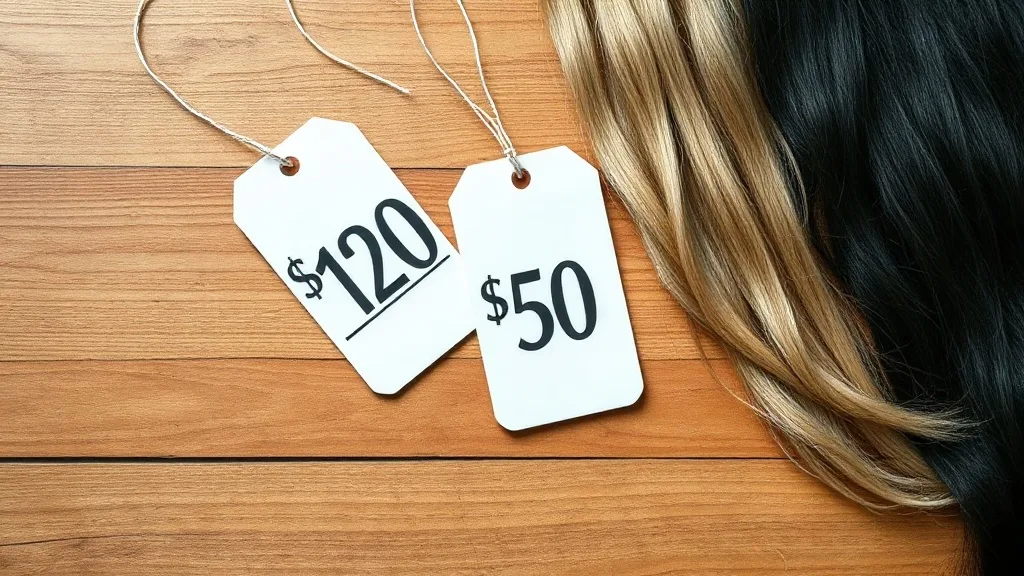 Two price tags side by side showing original and discounted prices on wigs