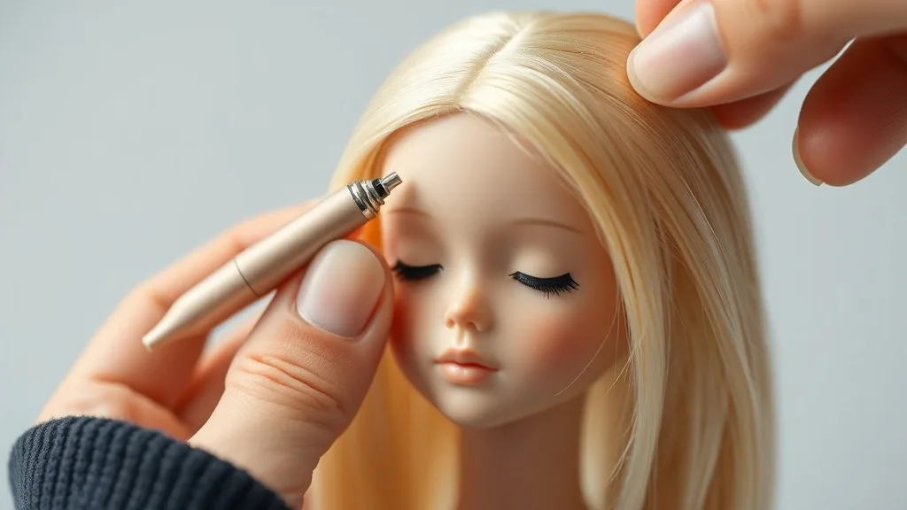 Close-up of a miniature wig on a doll head, a small curling wand gently styling the fibers