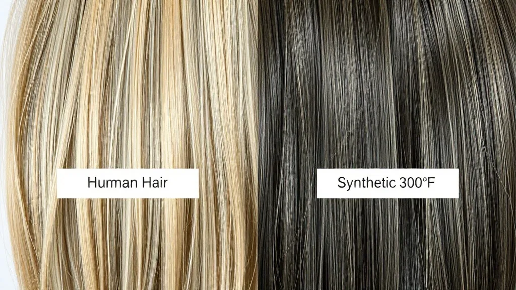 Close-up of two wig sections, one human hair and one synthetic, with temperature labels