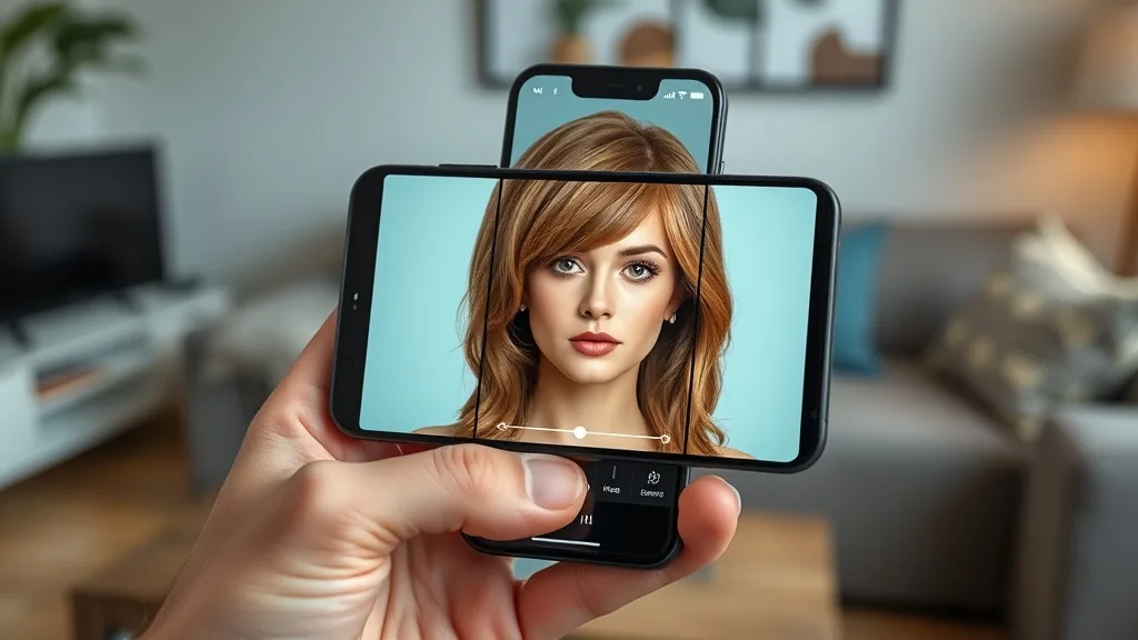 Smartphone screen showing a person's face with a virtual wig overlay being adjusted