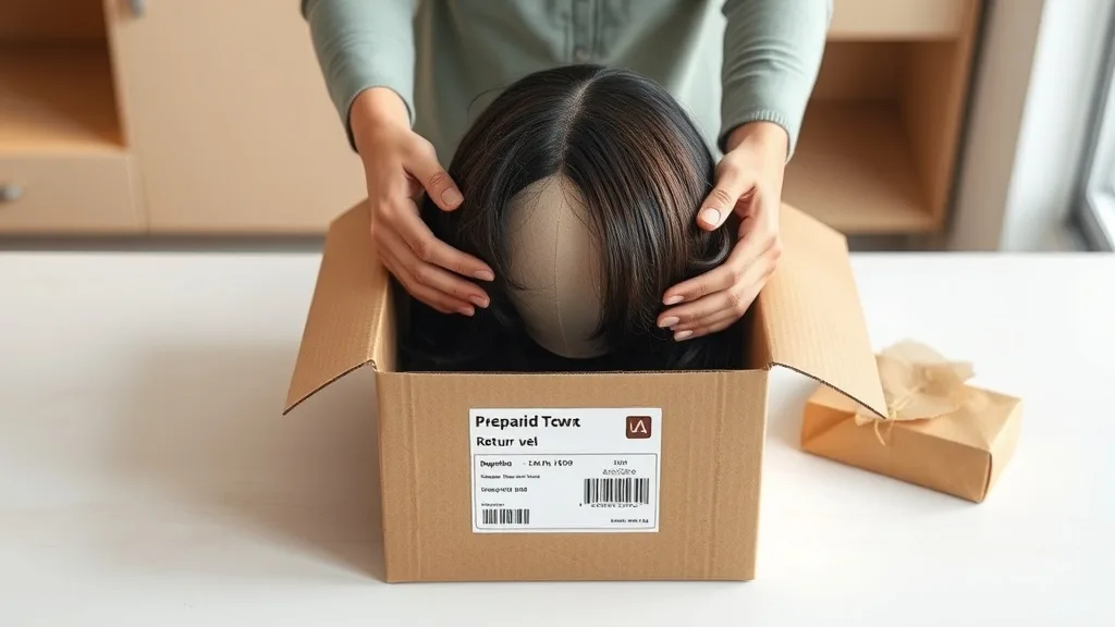 Person carefully placing a wig back into its original packaging with a return label visible