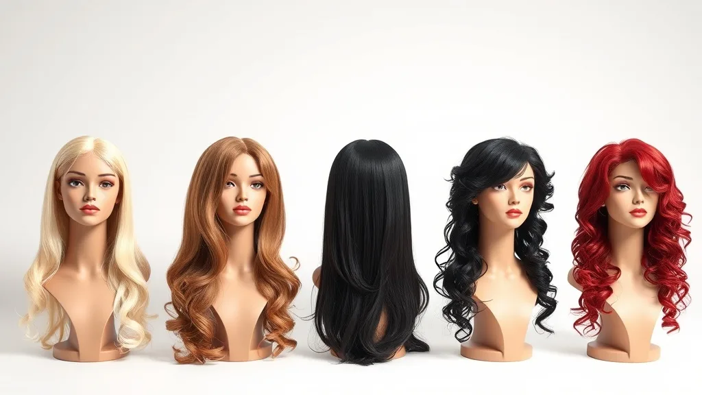 Row of different wigs in multiple colors and styles on mannequin heads