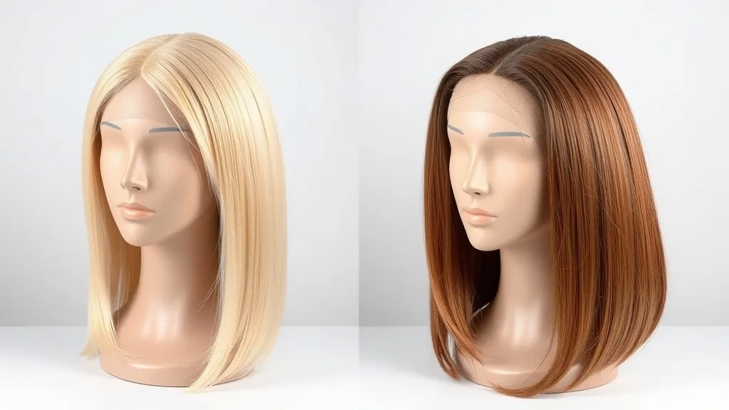 A side-by-side comparison of a budget synthetic wig and a human hair blend wig, showing the difference in texture and appearance