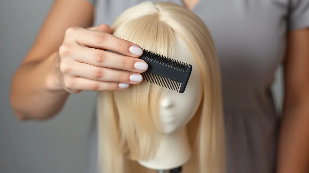 A woman gently brushing a long wig with a wide-tooth comb, starting from the ends