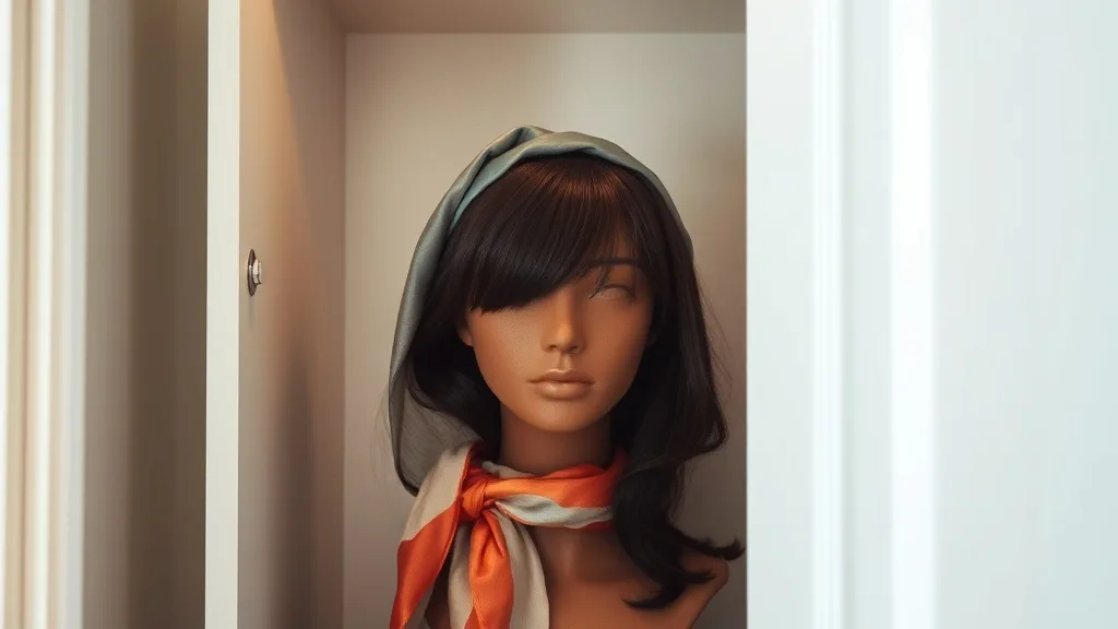 A wig stored on a mannequin head inside a closet, with a silk scarf draped over it