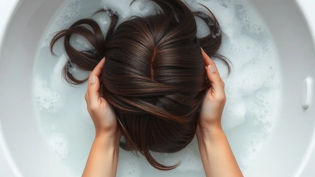 Hands gently swishing a wig in a basin of cool water with shampoo