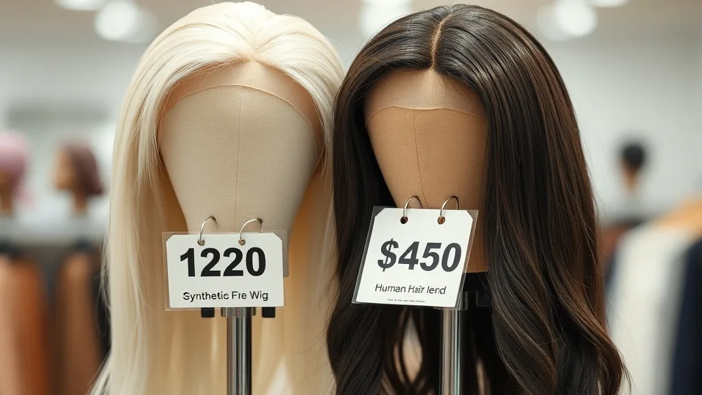 Close-up of two wigs with price tags showing different costs