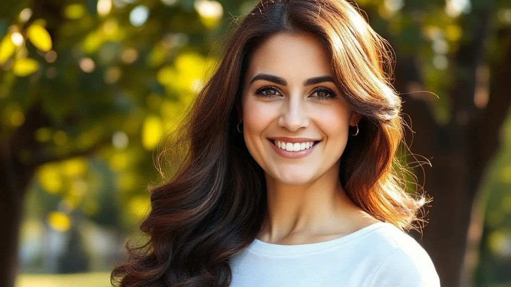 A woman smiling while wearing a long, dark wavy wig, looking confident and happy