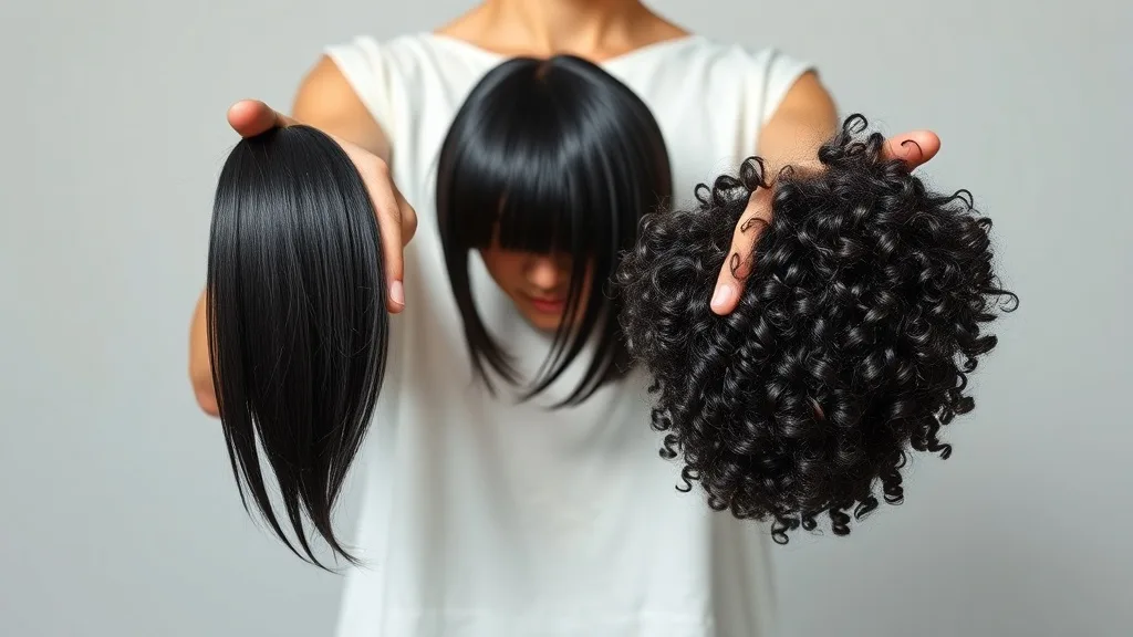 A person holds two wigs in their hands, one with straight hair and one with curly hair, comparing textures.