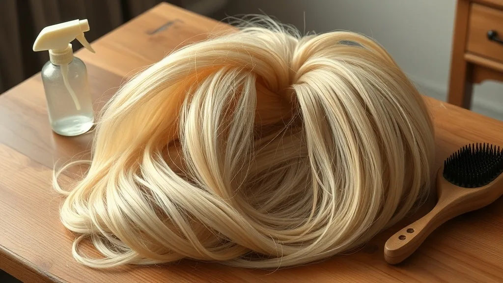 A vintage wig lying on a worktable with a spray bottle and detangling brush nearby, partially restored.