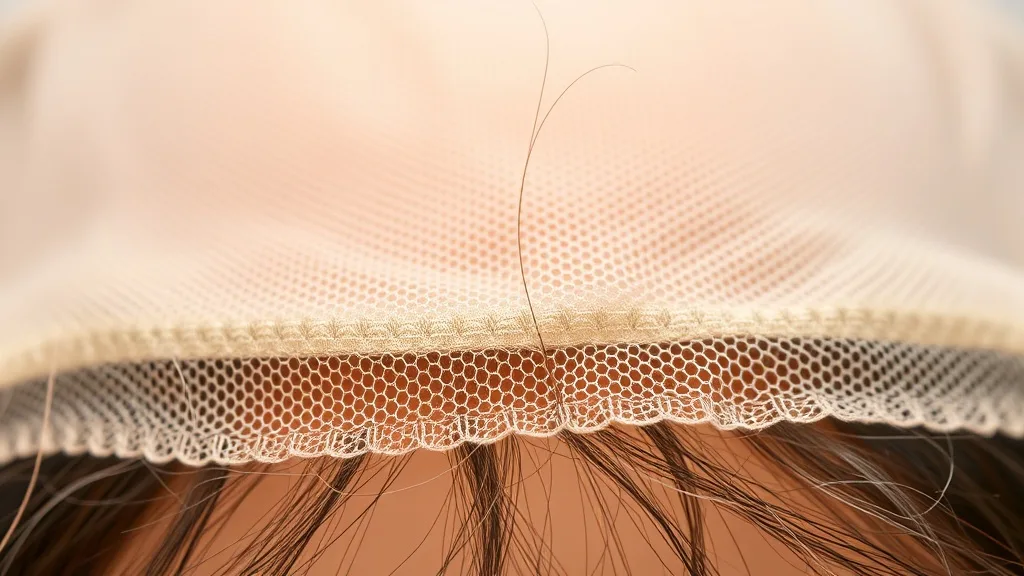 Extreme close-up of a wig with transparent lace, showing bleached knots and natural hair roots