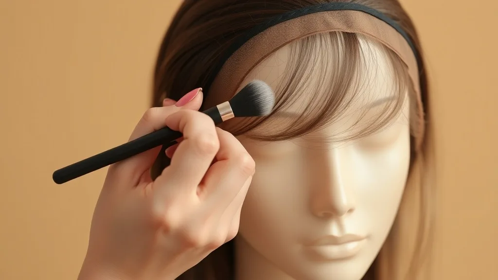 A woman using a makeup brush to apply concealer along the part of a budget wig for a more natural look