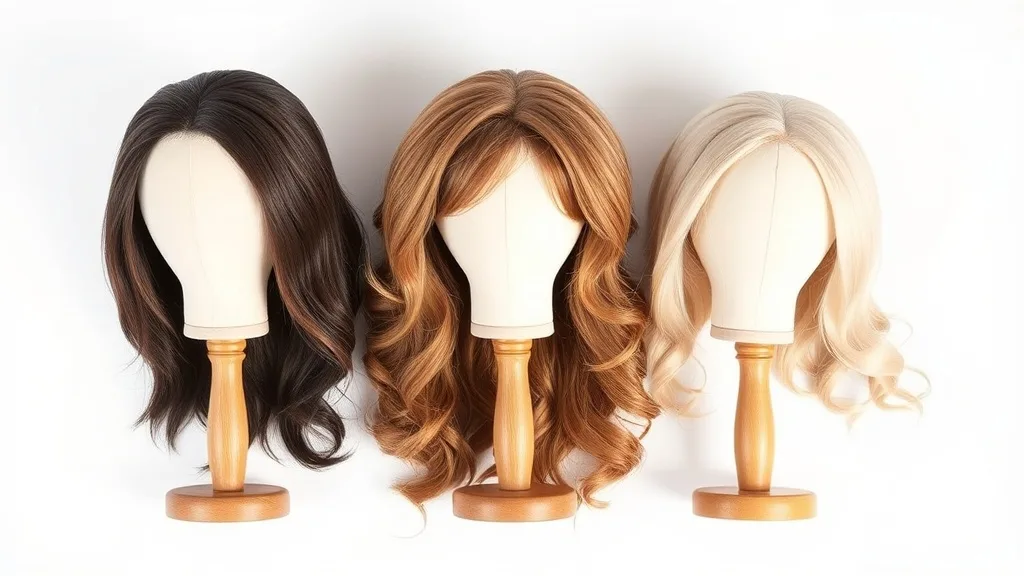 Three different budget wigs displayed on wooden wig stands in a row