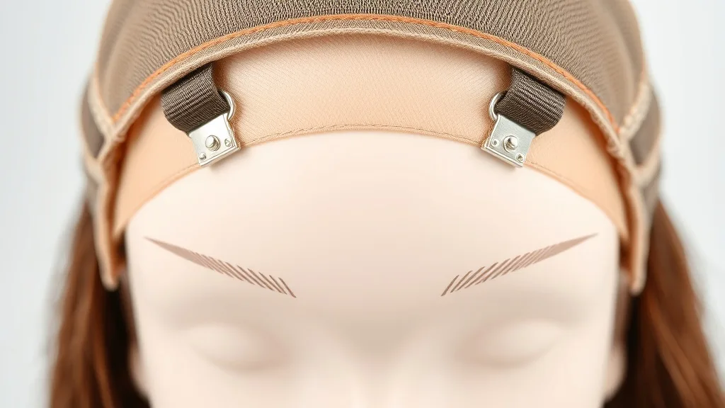 Close-up of a wig cap showing adjustable straps and combs on a mannequin head