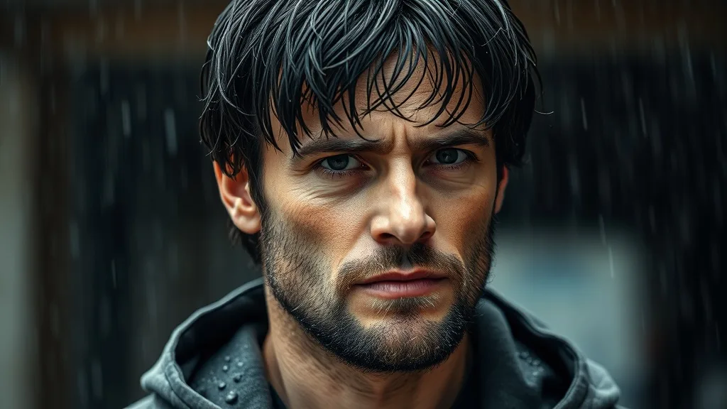 A man in rain, wearing a wet wig, looking resilient