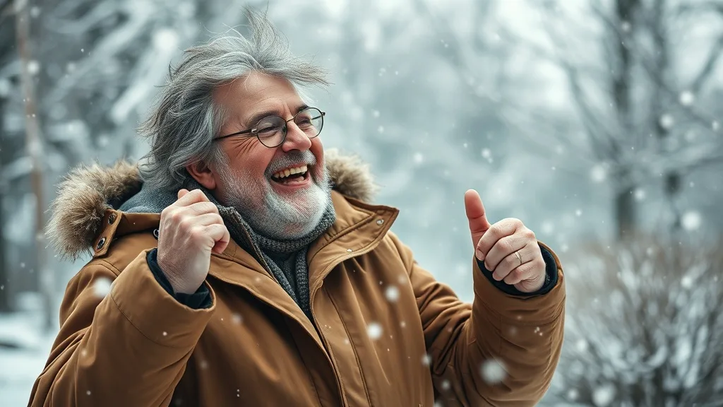 Arthur in a parka laughing in snowfall with a wig