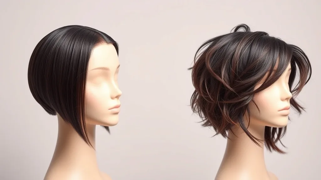 Two wigs on mannequins, one beading water, one frizzy