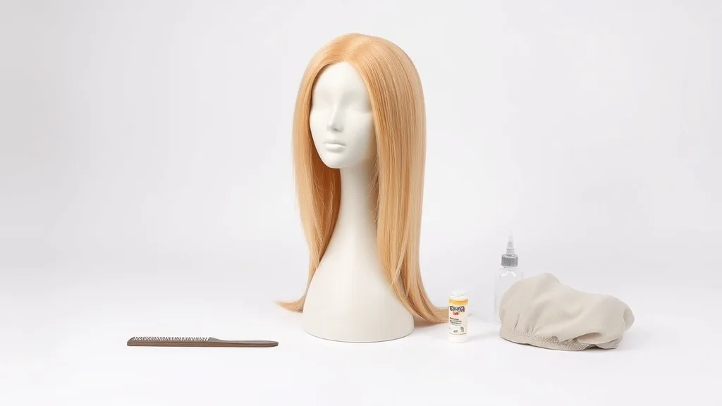 A quality wig on a mannequin stand with accessories like a brush, tape, and cap