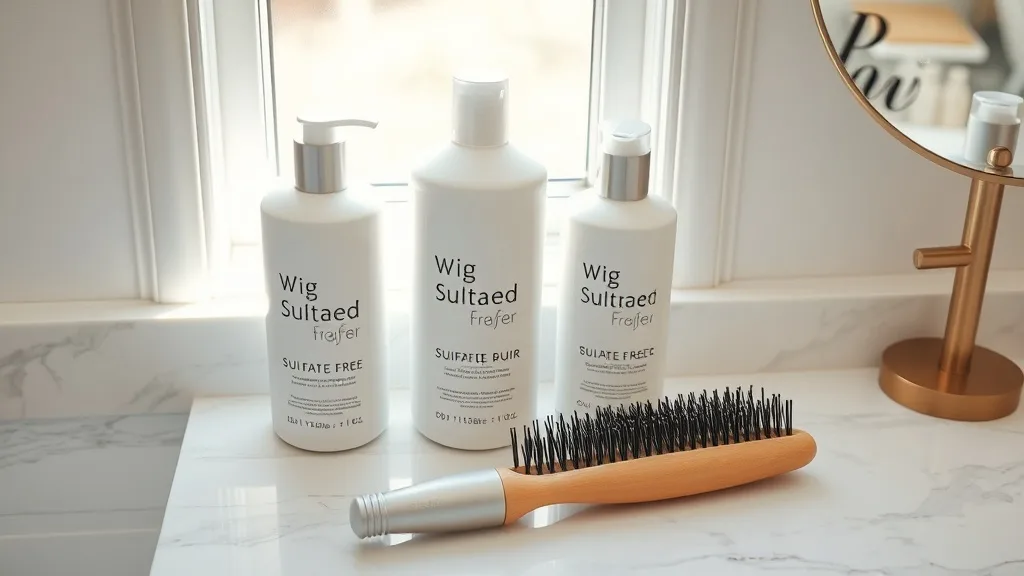 Wig shampoo, conditioner, and a brush on a clean bathroom surface