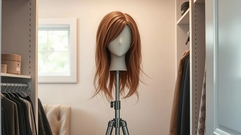 A wig placed on a stand inside a closet, showing proper storage