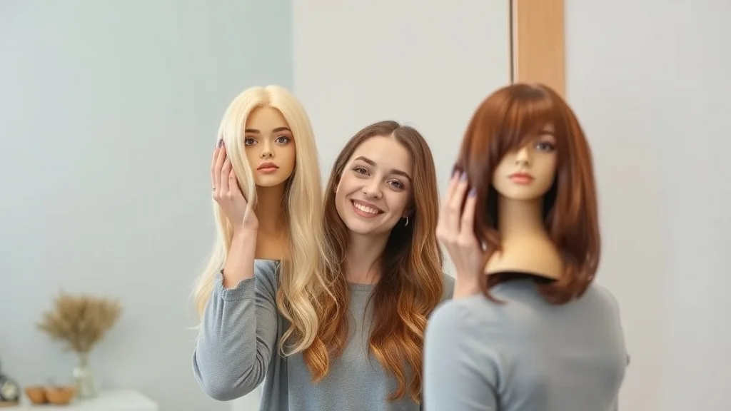 Woman holding two wigs of different colors, smiling in a mirror