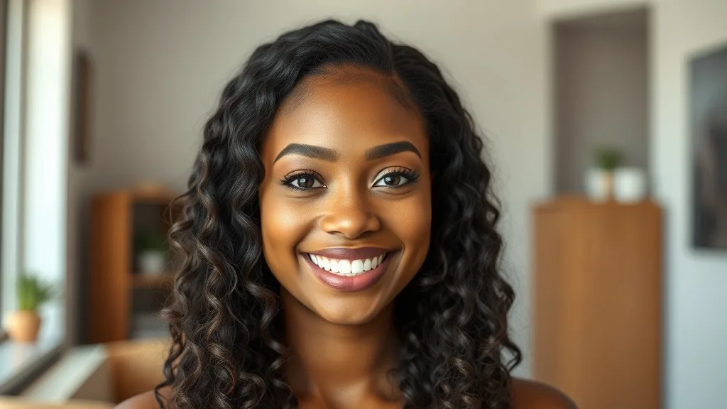 Smiling woman with a wig that perfectly matches her hair color and skin tone