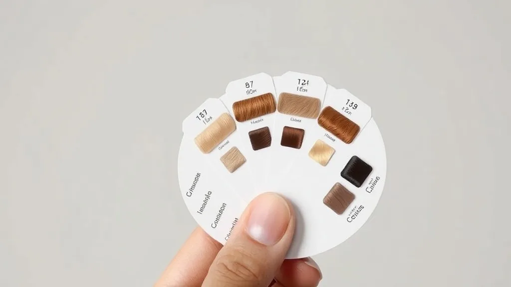 Close-up of a color ring with wig hair swatches in various shades
