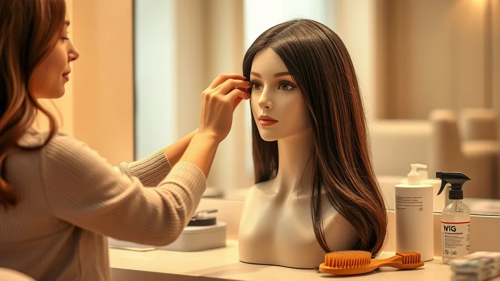 Woman gently brushing a wig on a mannequin head with a spray bottle and conditioner nearby, demonstrating proper care