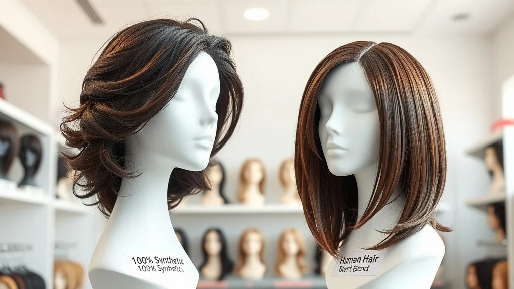 Two wigs on display stands, one labeled 'synthetic' and the other 'human hair blend', shown in a clean wig shop