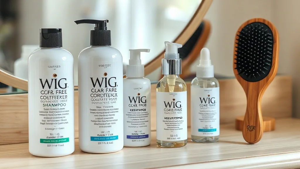 Collection of wig care products including shampoo, conditioner, and serum on a wooden vanity