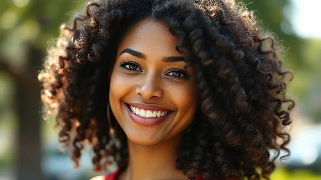 A woman with a natural-looking curly wig in a casual setting