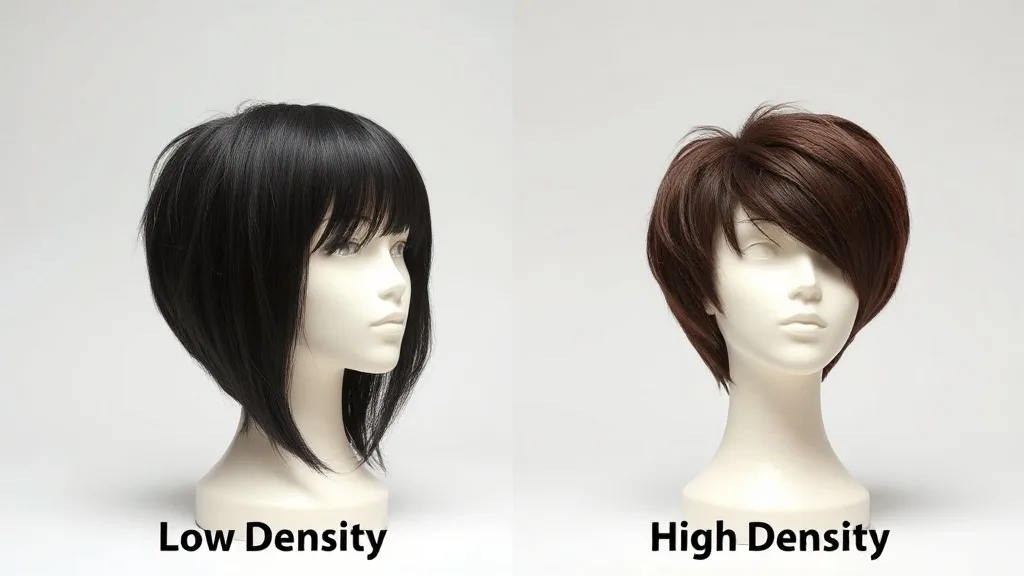 Two wigs on mannequins: one low density (50%) and one high density (150%) side by side, showing visible difference in fullness.