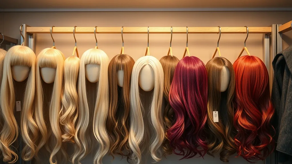 A row of wigs on display hooks in a rental shop with visible price tags